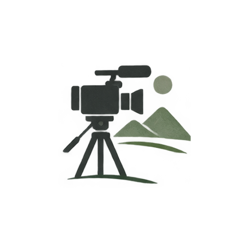 Silhouette of a vintage video camera on a tripod against a dark green landscape background