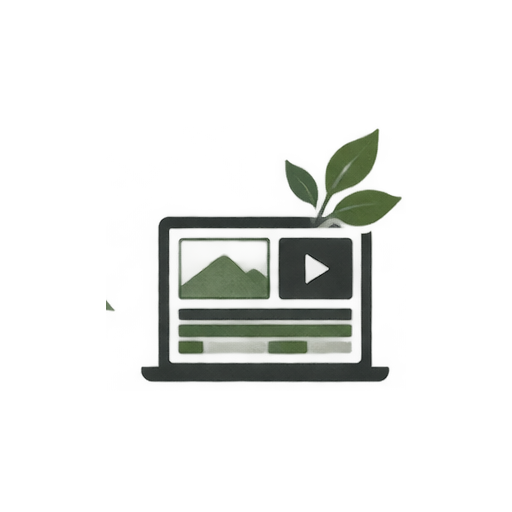 Dark illustration of a laptop with a video player interface, play button, landscape thumbnail, and green leaves in the background
