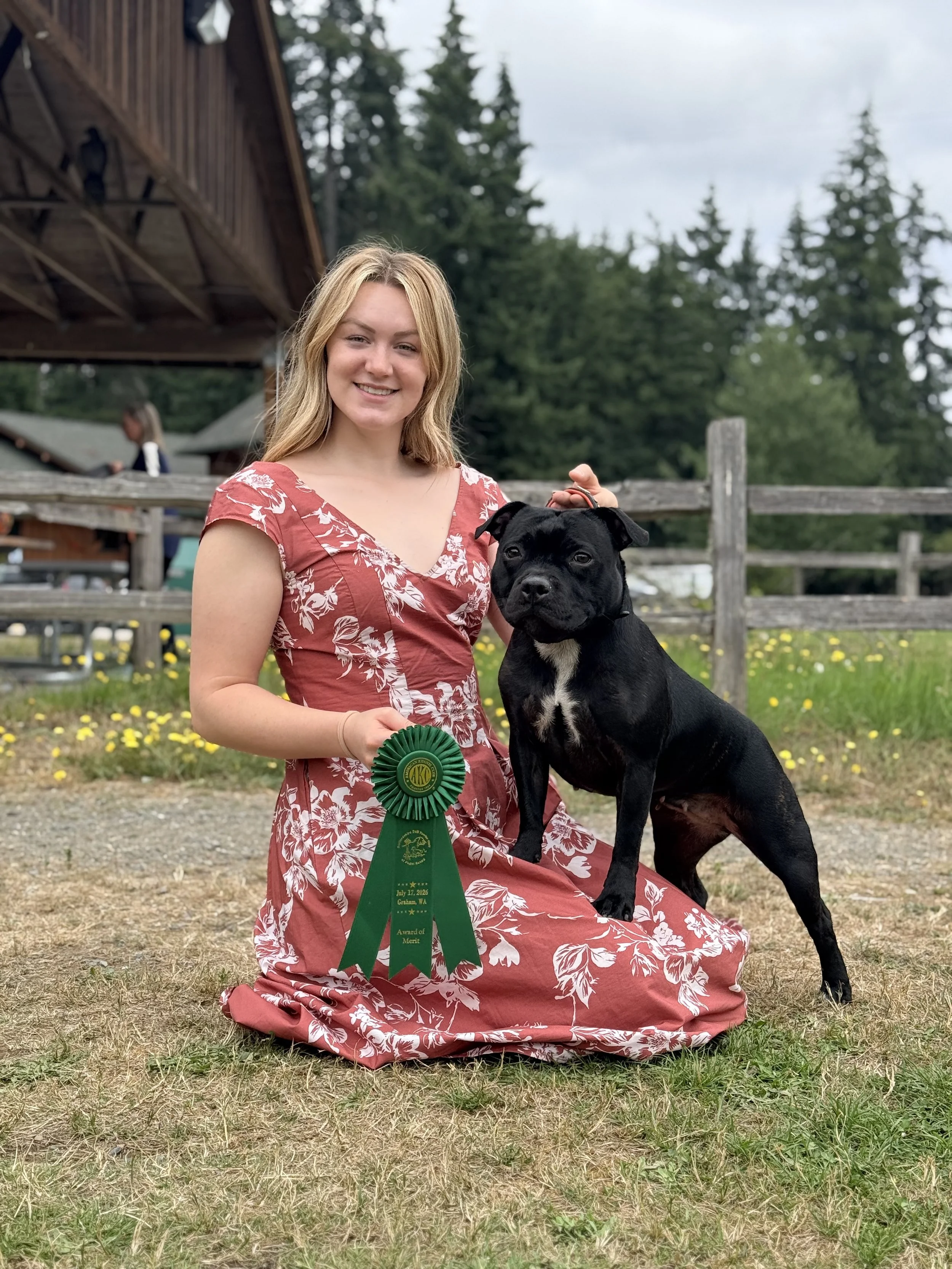 A young woman in a red and white floral dress kneeling on grass, holding a black dog with a white patch on its chest. She is displaying a green award ribbon. There is a wooden fence and trees in the background, with a cloudy sky.