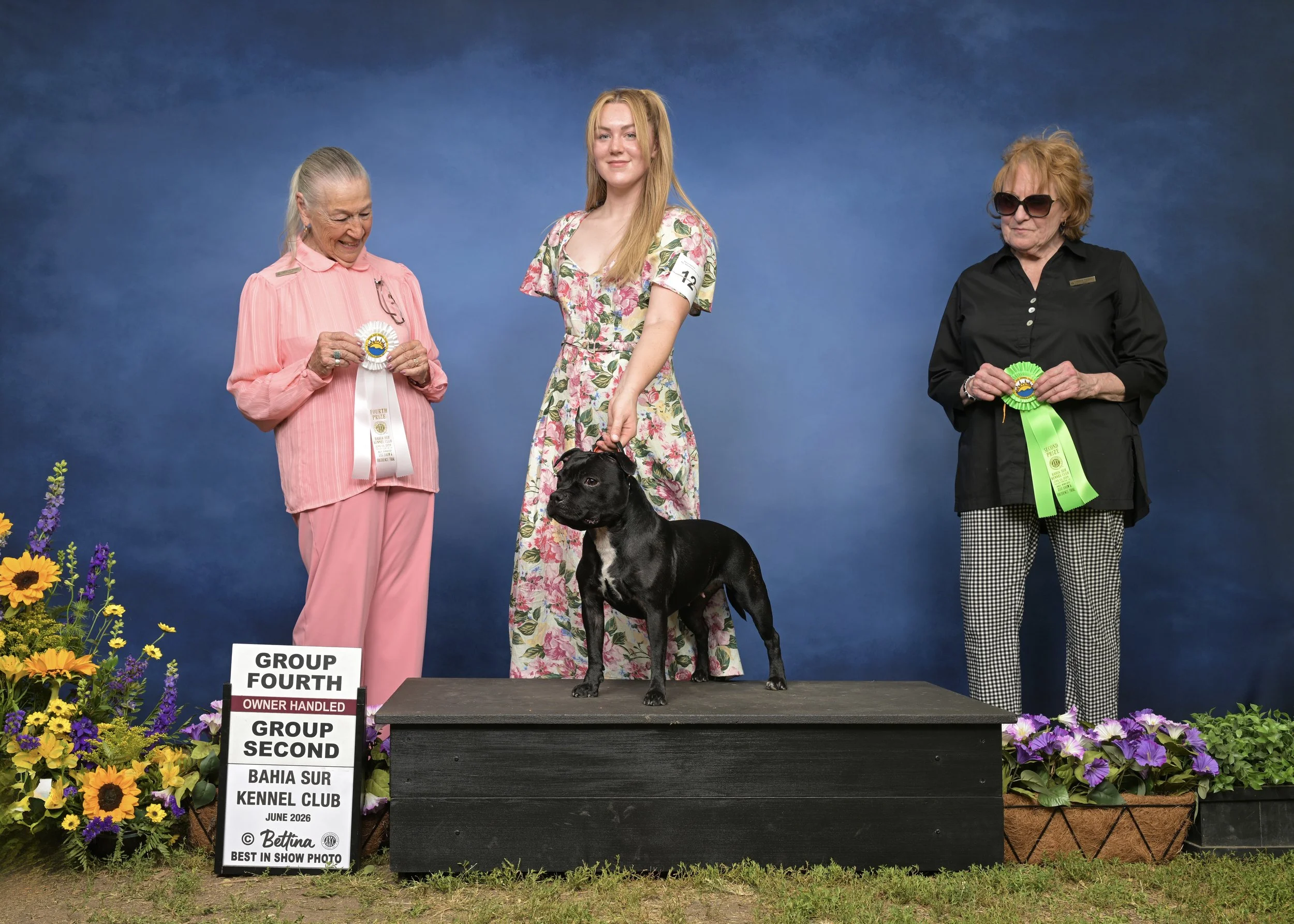 A young woman in a floral dress stands on a winner's podium holding a black dog with a collar. Two older women, one in pink and the other in black with sunglasses, stand beside her holding ribbons. The scene is decorated with flowers and a blue backdrop, indicating a dog show competition.