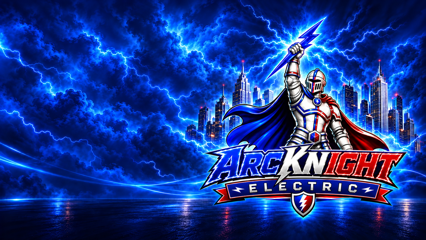 ArcKnight Electric knight holding blue lightning beneath a vivid blue storm sky