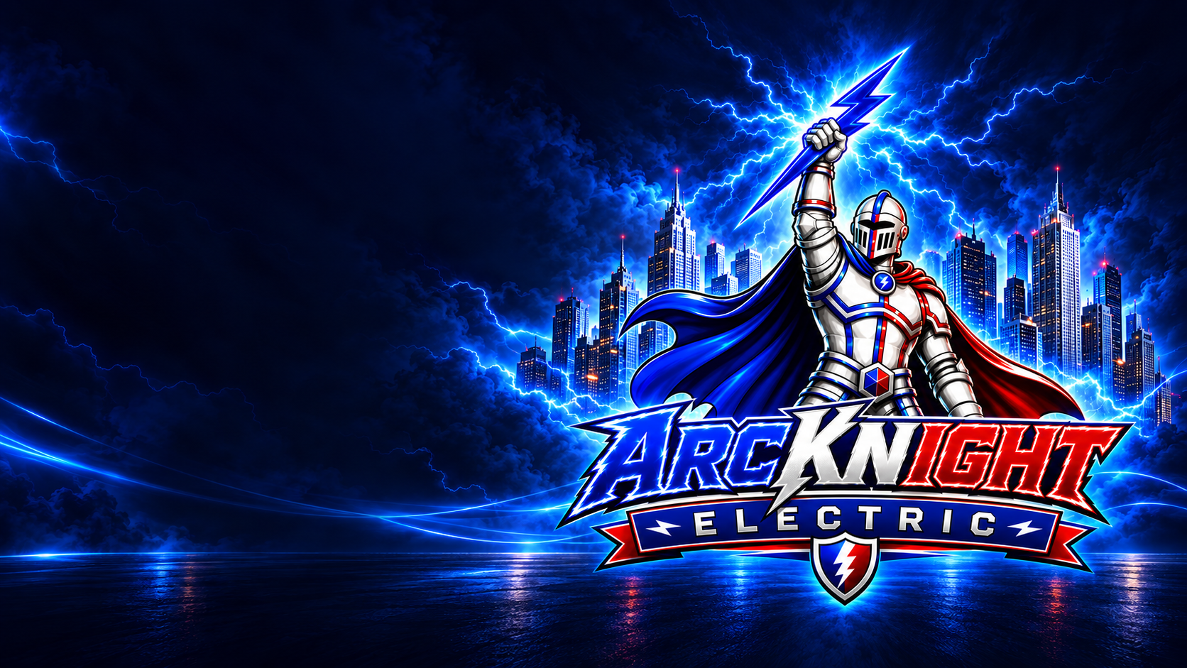 ArcKnight Electric knight logo with blue lightning against a night skyline