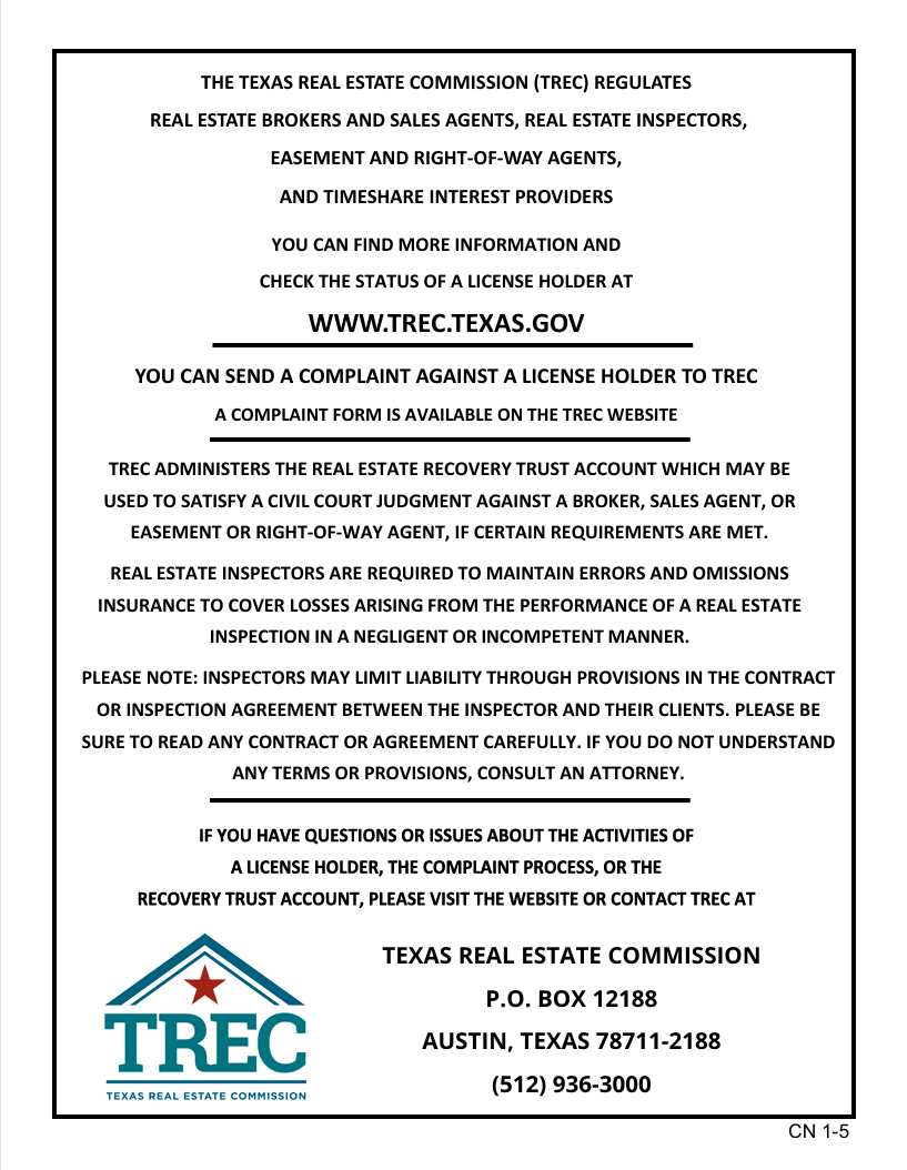 Information on the Texas Real Estate Commission (TREC) regulations, including licensing, complaint process, and contact information, with TREC logo at the bottom.