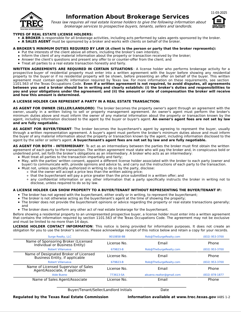 A document titled 'Information About Brokerage Services' from the Texas Real Estate Commission, with details about real estate licensing and brokerage responsibilities, including contact information for licensed agents and brokers.
