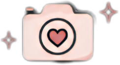 Cute camera illustration with heart in the lens and decorative stars around it.