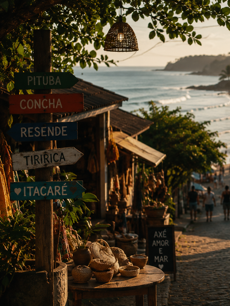 Cena de uma rua de praia ao pôr do sol com loja de artesanato, sinais de madeira indicando nomes de lugares, mesas com cestos de fibras naturais, e pessoas caminhando na orla ao fundo.