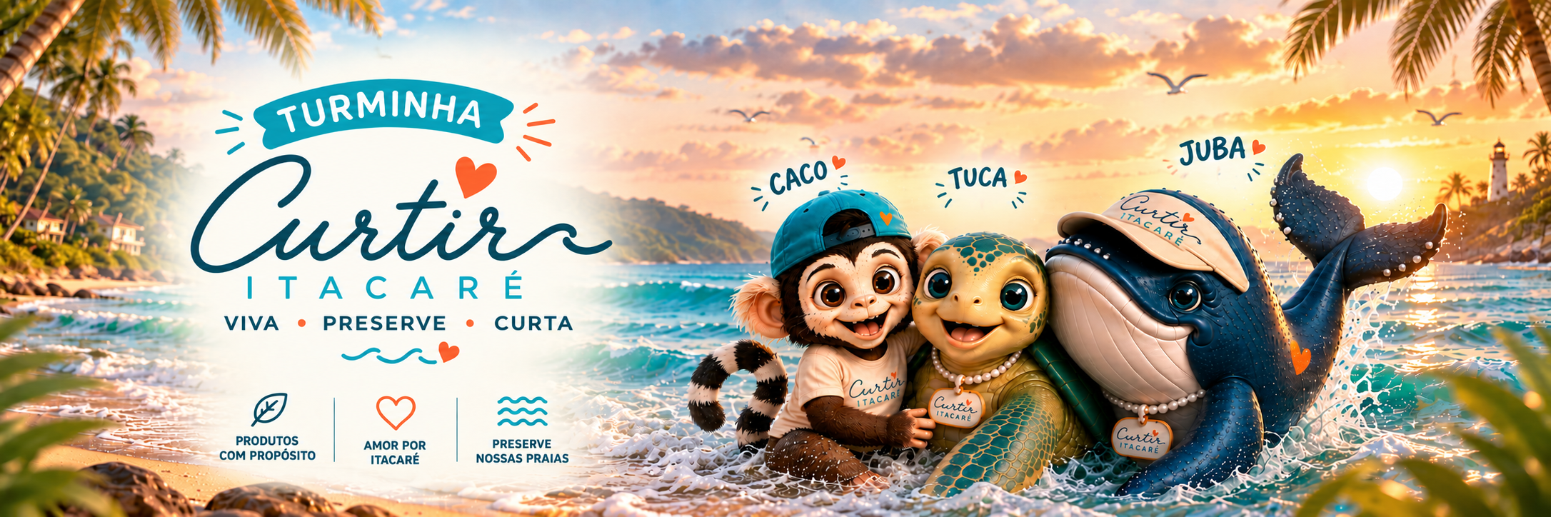 Imagem de divulgação de uma campanha ambiental em Itacaré com personagens de pelúcia de animais marinhos e um humano, na praia ao pôr do sol. Inclui o texto: 'Turminha Curtir Itacaré - Viva, Preserve, Curta', com ícones representando produtos com propósito, amor por Itacaré e preservação das praias.