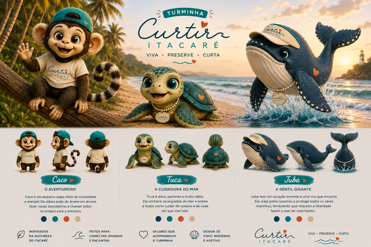 Cartaz com personagens de animação de um macaco, uma tartaruga e uma baleia, promovendo turismo em Itacaré com mensagens de preservação e desacato à natureza.