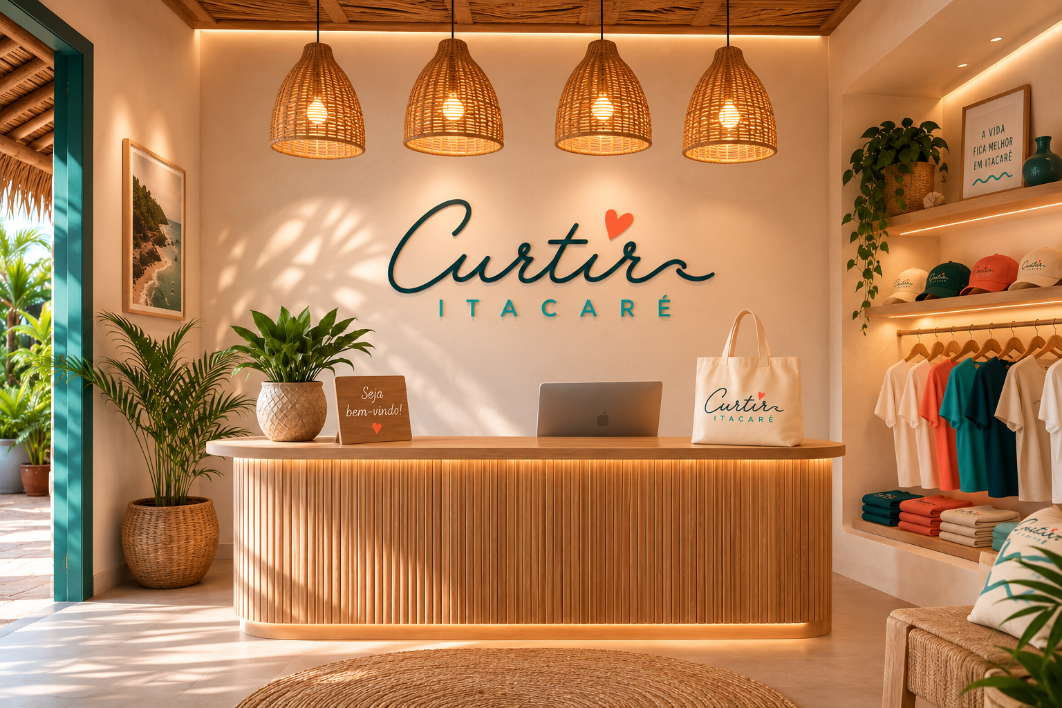 Recepção decorada com móveis de madeira, plantas verdes, luminárias de vime e vestuário ao lado, com destaque para a parede com o mural 'Curtir ITACARÉ'.