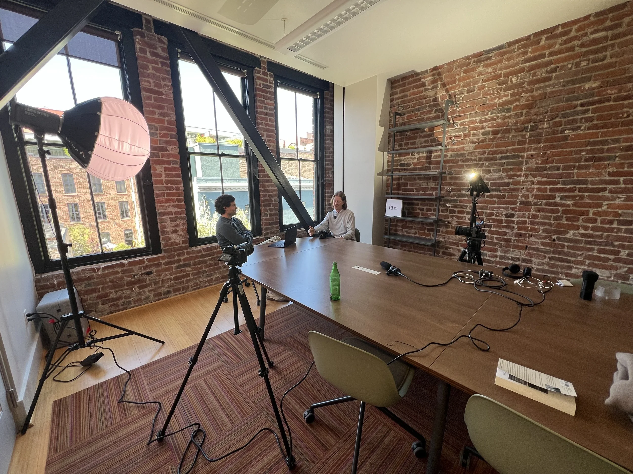 Gary's lighting and camera set up for filming a video podcast with Rho's CEO
