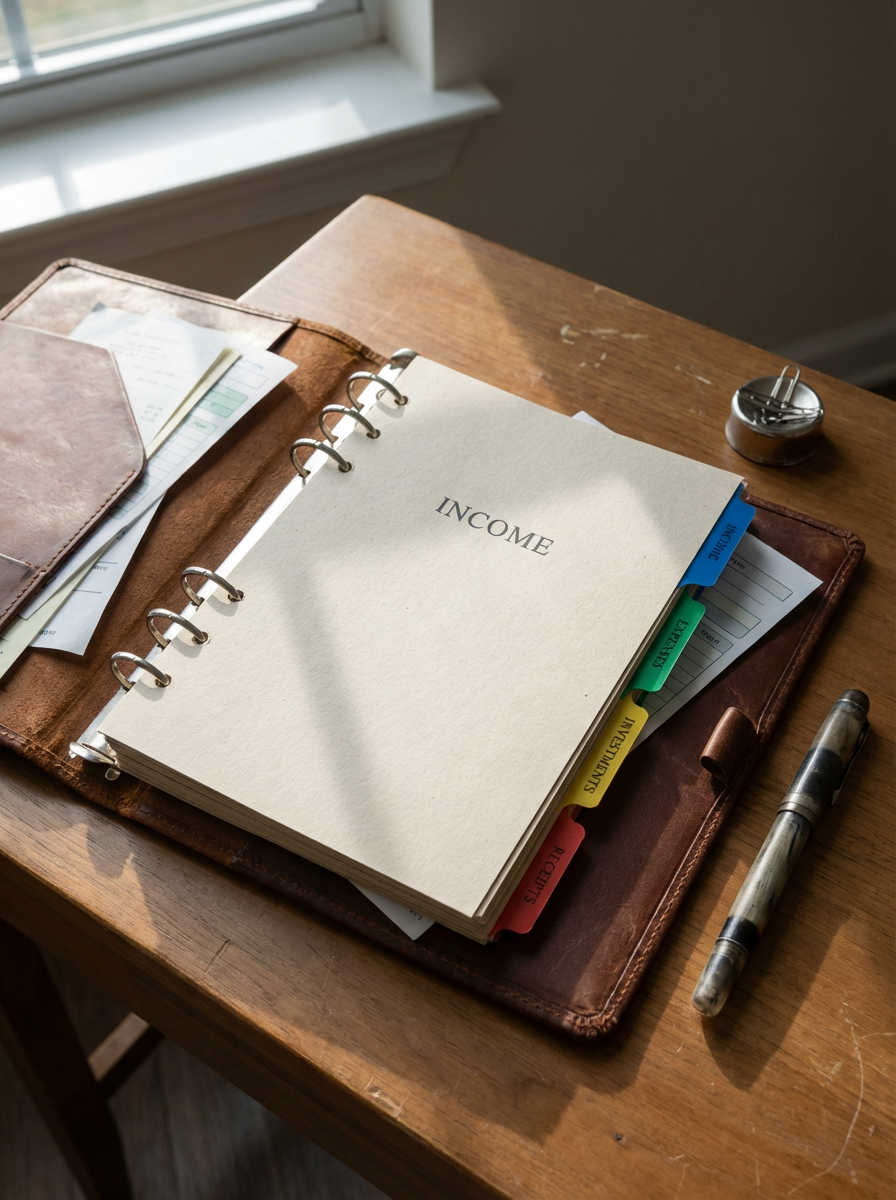 Tax planning documents in an open binder on a desk