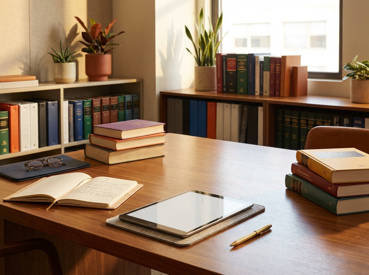 Books and a tablet arranged on a consultation table