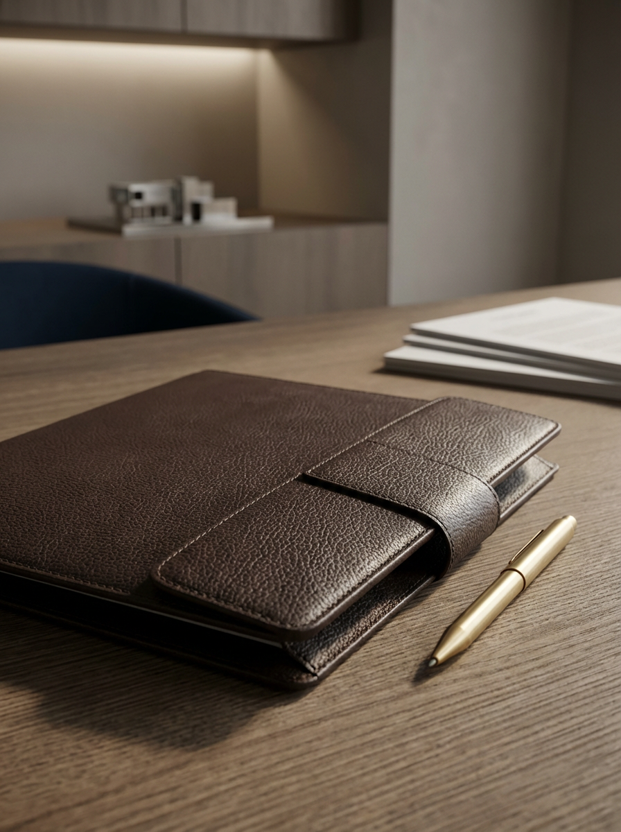 Leather portfolio and documents on an office desk