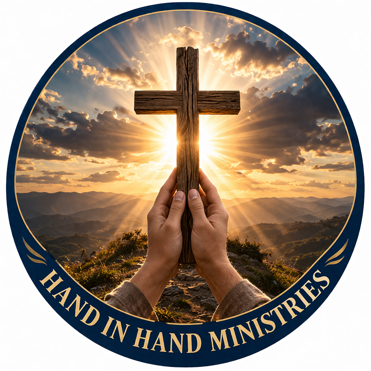 A person holding a wooden cross in front of a sunset sky with clouds and mountains, viewed through a circular emblem with the text 'HAND IN HAND MINISTRIES' around the border.