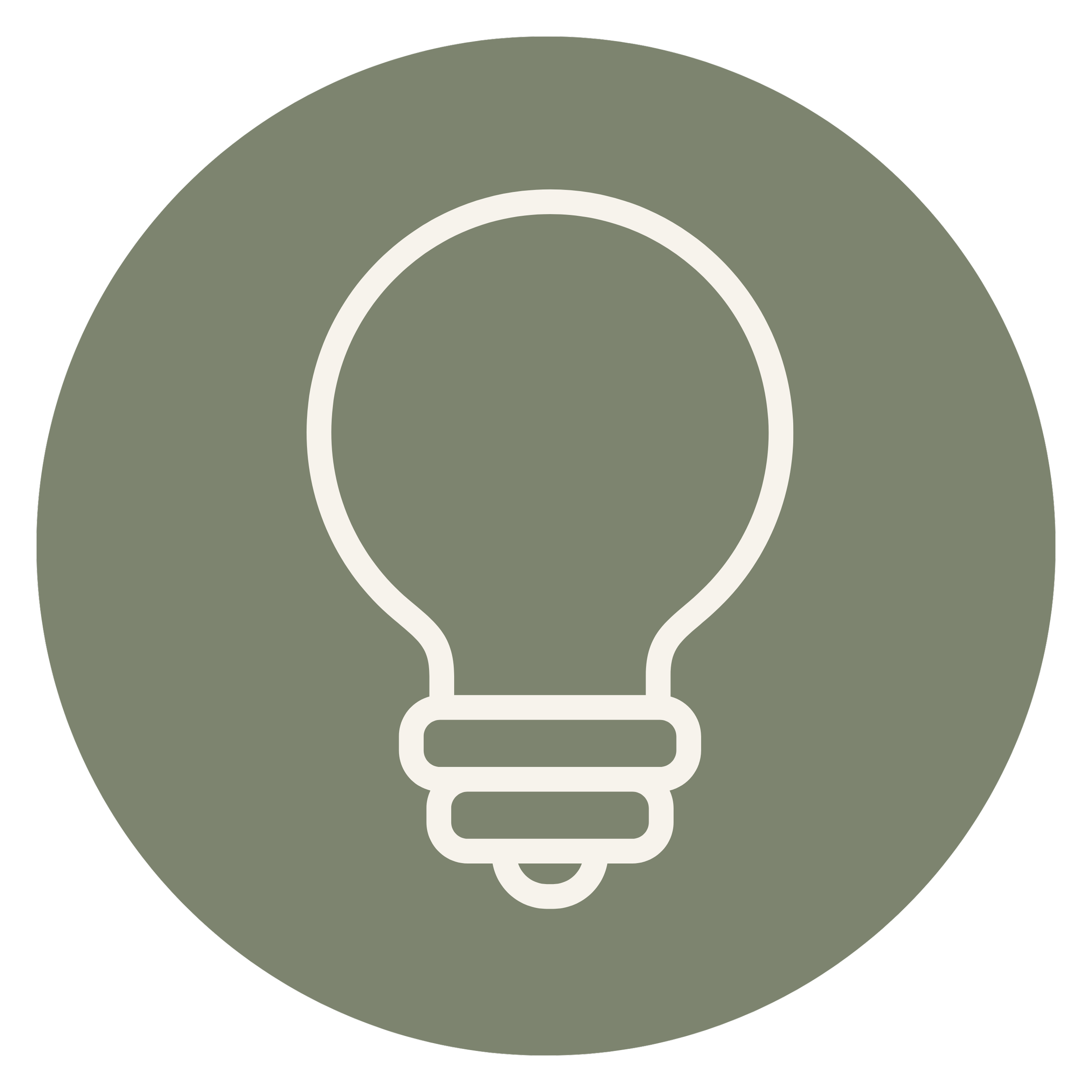 A simplified illustration of a light bulb with a white outline, set against a circular olive-green background.