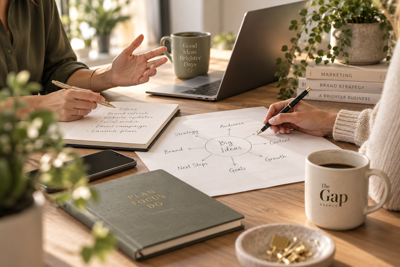 People working on business ideas and strategy at a wooden table with notebooks, a laptop, coffee mugs, and books.