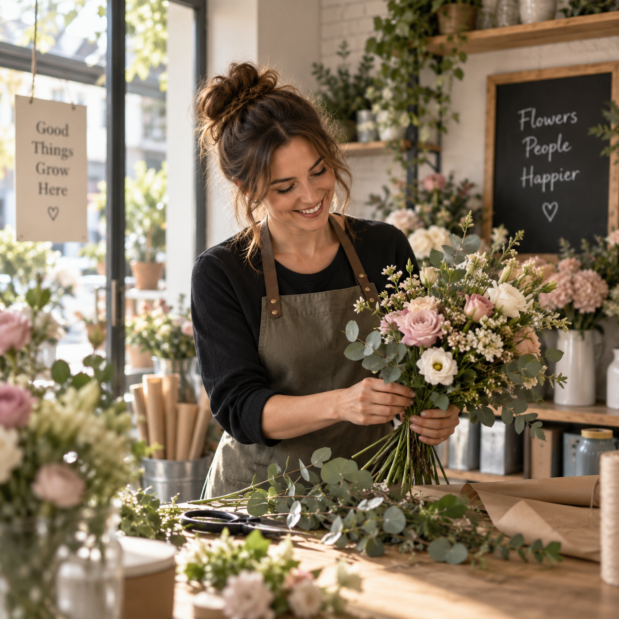 Independent florist creating a fresh flower arrangement in her shop.
