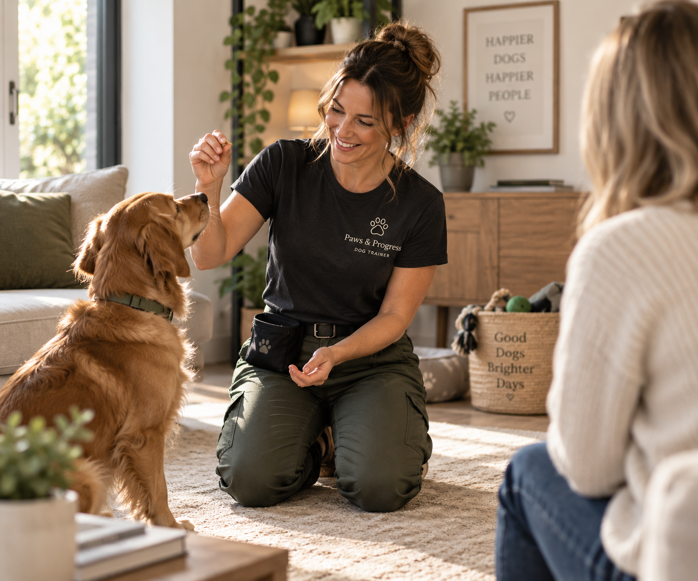 Professional dog trainer working with a client and their golden retriever during a home training session.