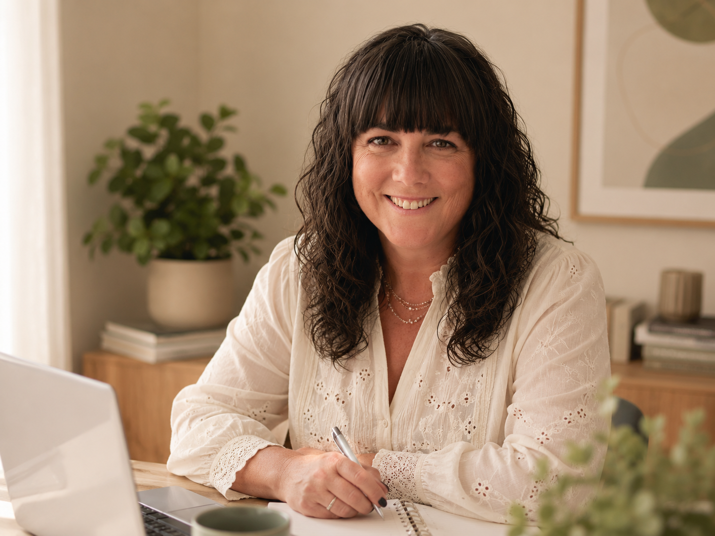 Woman with dark curly hair smiling at camera in home office with green plant and framed art on wall, sitting at desk with laptop, notebook, and pen.