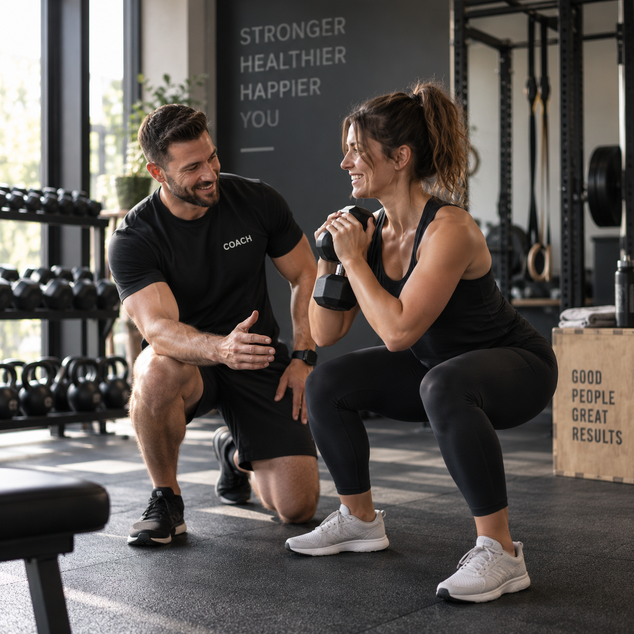 Male personal trainer coaching a female client during a strength training session.