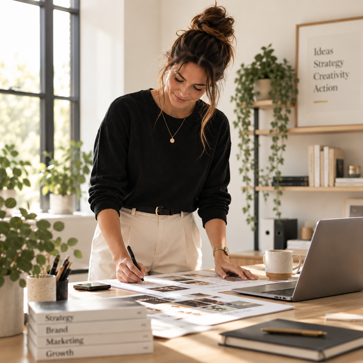 Creative small business owner working on plans and ideas at her desk.