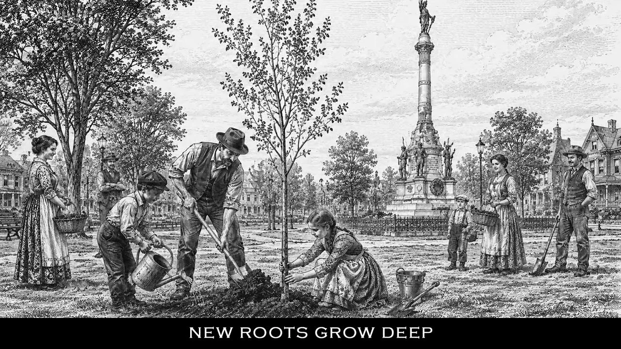 Historical illustration of diverse people planting a young tree in Hackley Park with a monument in the background, captioned 'New Roots Grow Deep'.