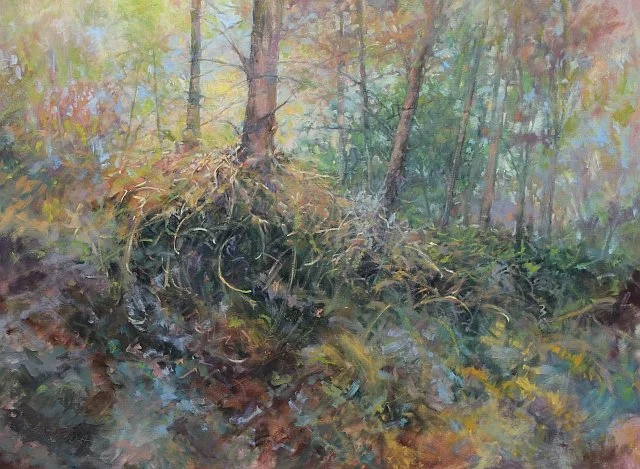 Painting of trees on a ledge with tangled roots hanging.
