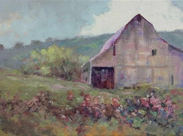 Painting of old barn on a hillside with a row of flowering hedges.