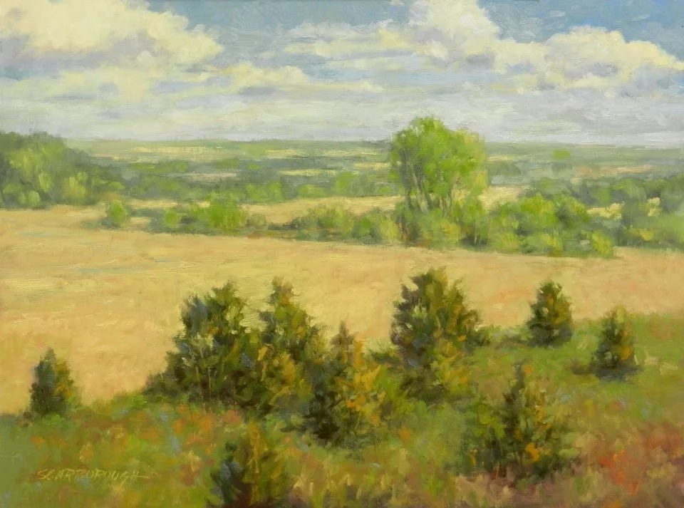 Painting of fields rolling into the distance.