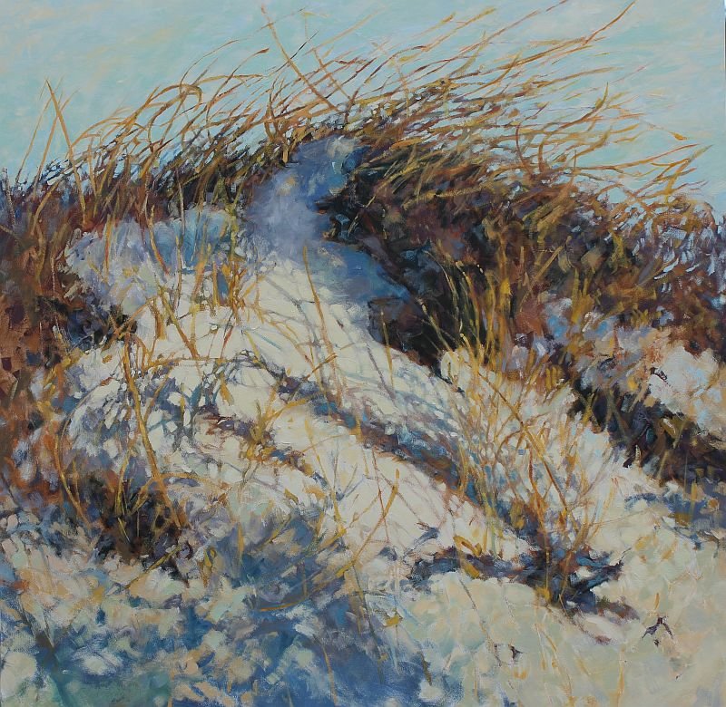 Painting of purple shadows on golden earth in white snow.