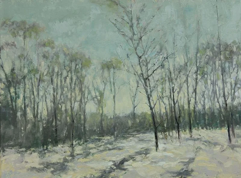 Painting of late winter trees and melting snow.