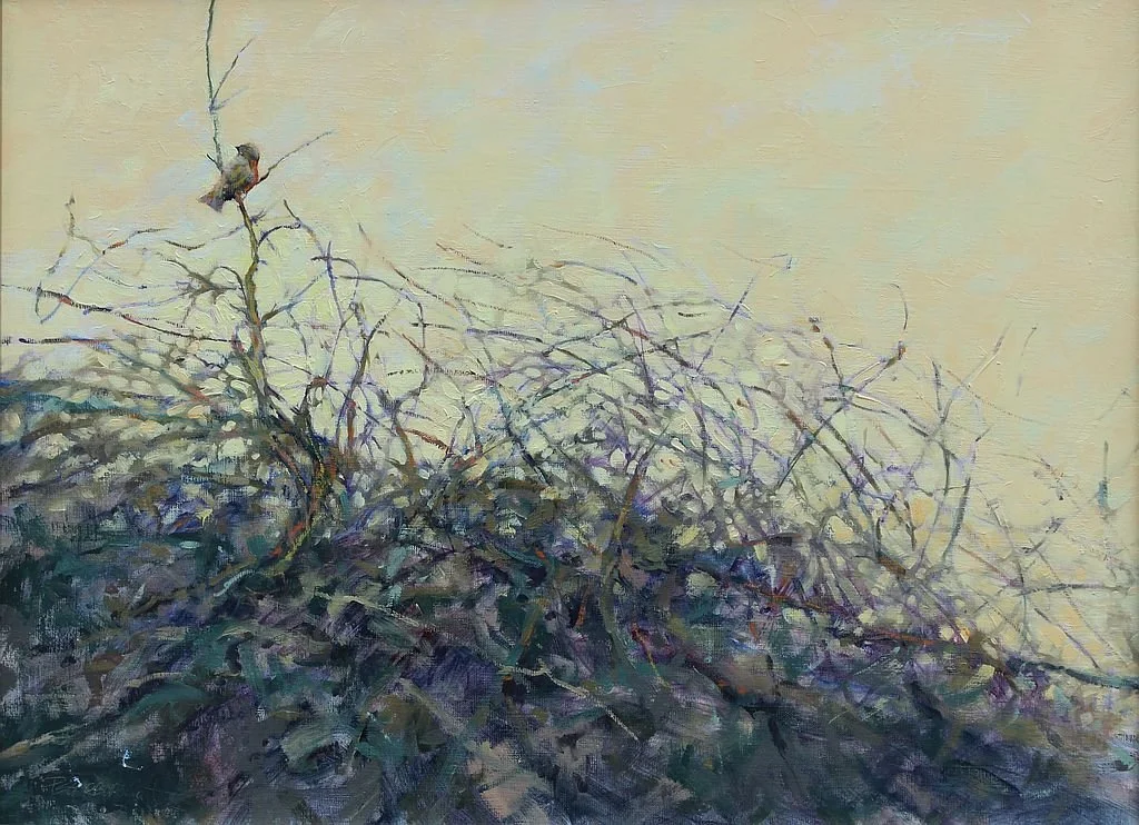 "The First Song"  © Patricia Scarborough

On my usual path late one winter this little bird sat atop a pile of branches, announcing spring with everything she had.

18x24  oil   $1500
