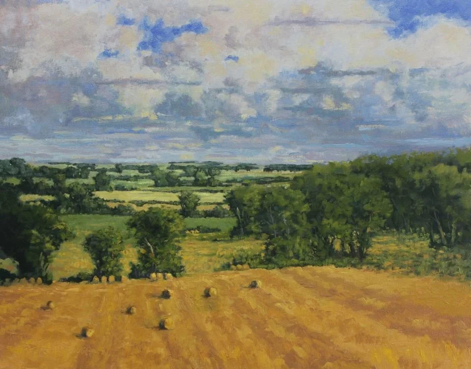 Painting of golden fields and tree lines.