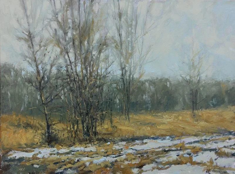 Painting of winter trees in golden field traced with snow.