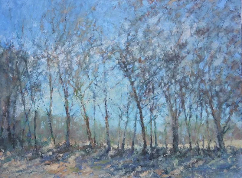 Painting of a row of trees being blown in the wind.