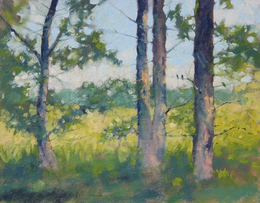 Painting of a tree line in shade with lavendars and greens.