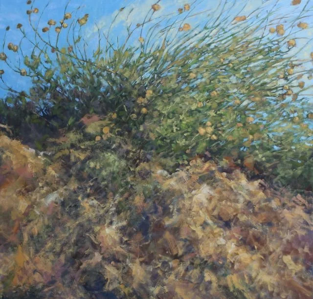 Painting of autumn flowers on a dirt hill being pulled by the wind.
