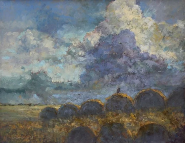 Painting of haybales with hawk perching, watching thunder clouds rolling in.