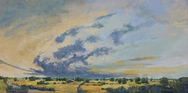 Painting of expansive view of prairie and swirling clouds.