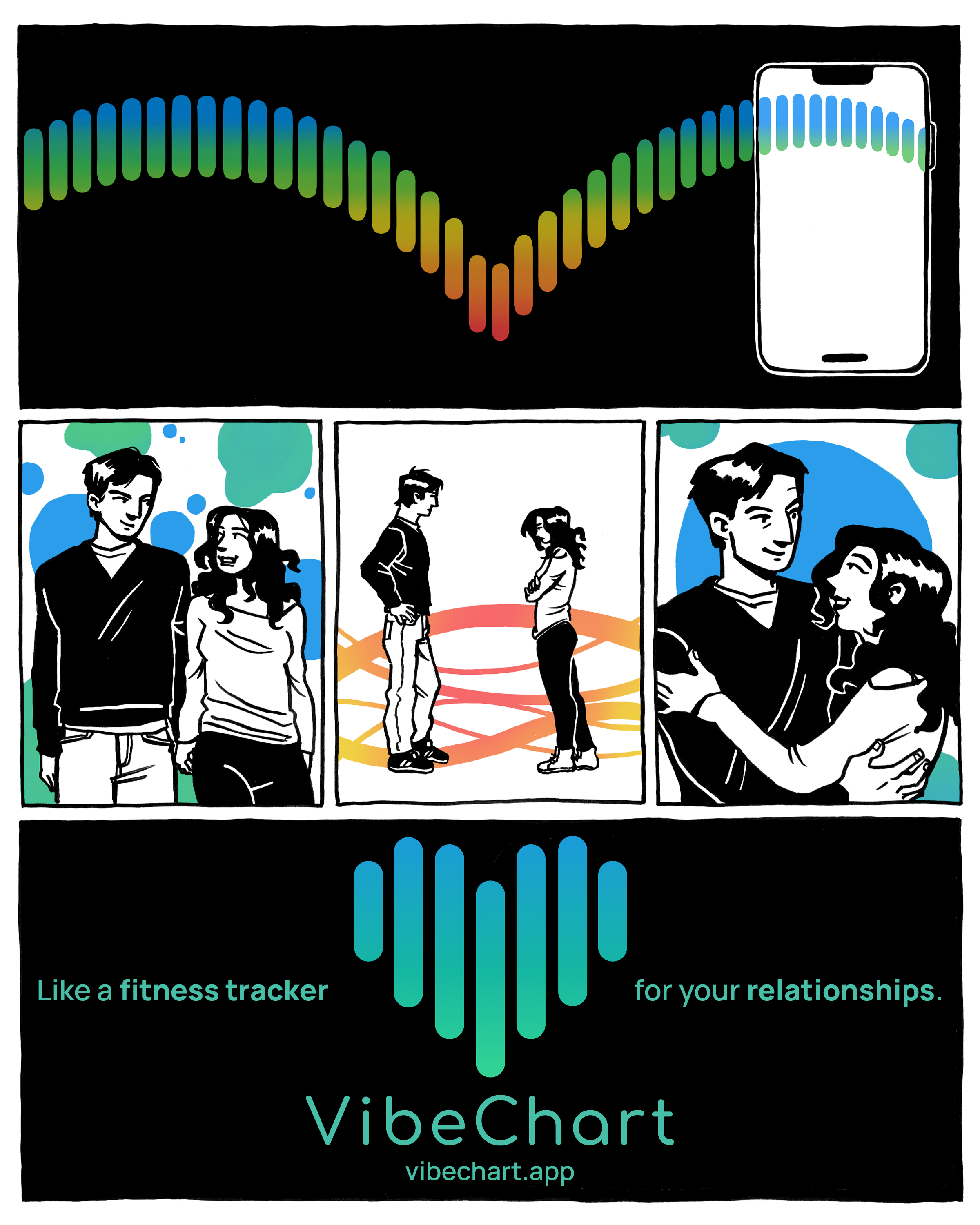 A hand drawn comic about the VibeChart app, showing a stylized heart made of colorful vertical bars, with drawings of a young couple socializing, and text promoting the app as a relationship fitness tracker.