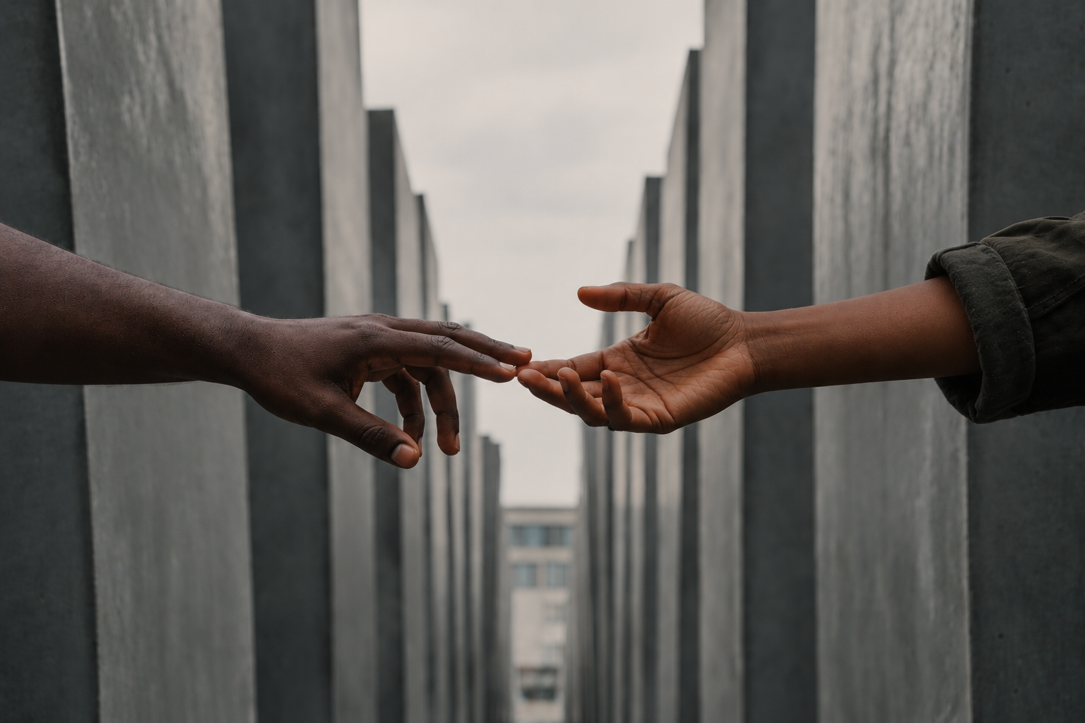 Two hands reaching out and nearly touching between concrete pillars, with overcast sky in the background.