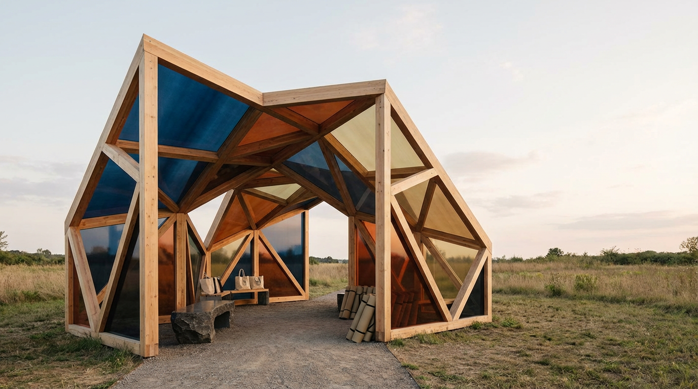 Open wooden pavilion with geometric panels and colorful glass sections, situated in a field with a gravel pathway.