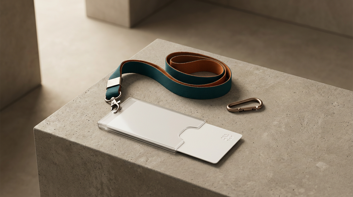 A beige lanyard with a clear plastic cardholder and a metallic clip placed on a beige concrete surface.