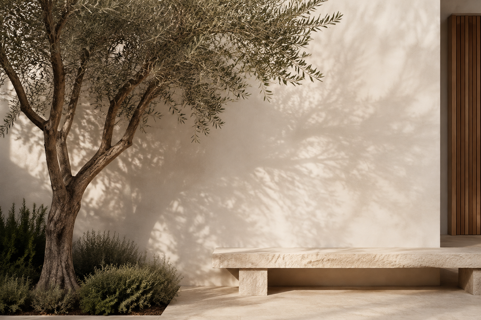 A minimalist outdoor space with a large tree casting shadows on a beige wall, a simple concrete bench, and a wooden slatted panel on the right.
