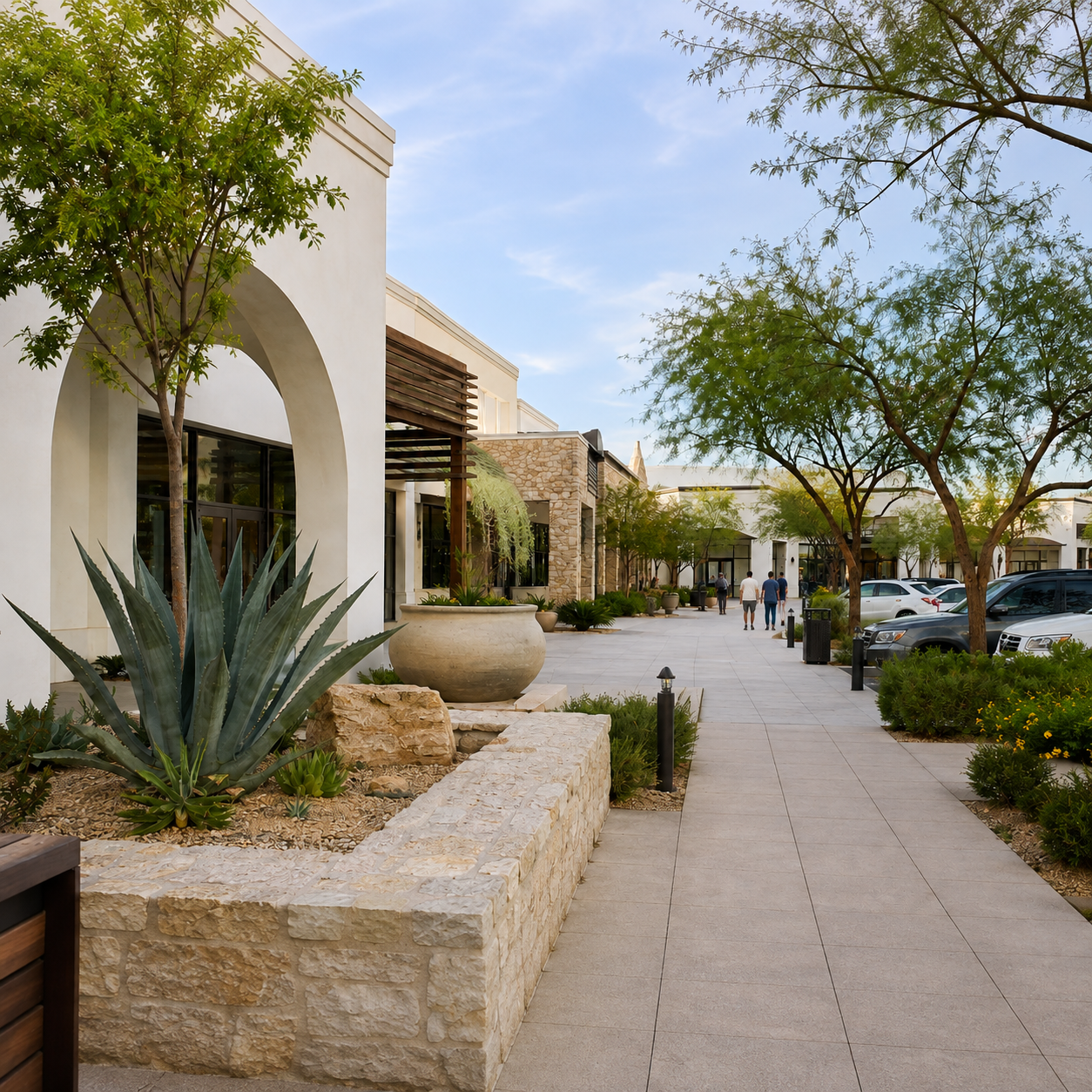 A shopping plaza or outdoor mall with modern buildings, lush green trees, and a wide walkway where people are walking. Cars are parked along the side, and there is desert landscaping with large plants and rocks.