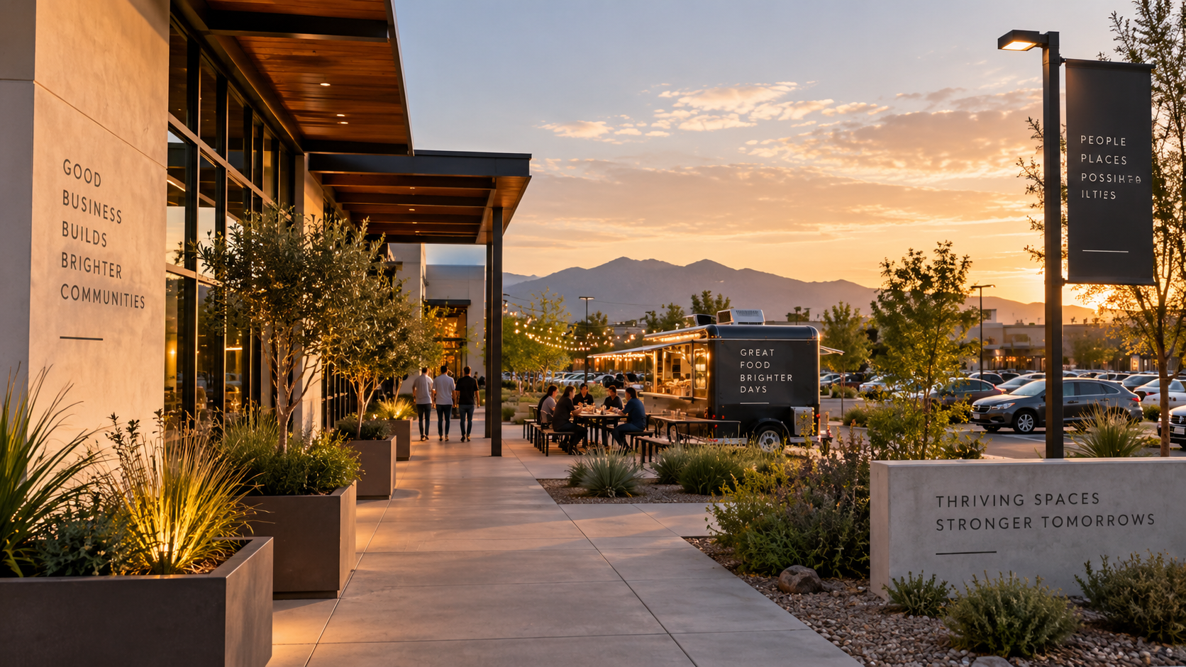 Illustrative commercial property with landscaped pedestrian areas and mobile business spaces.