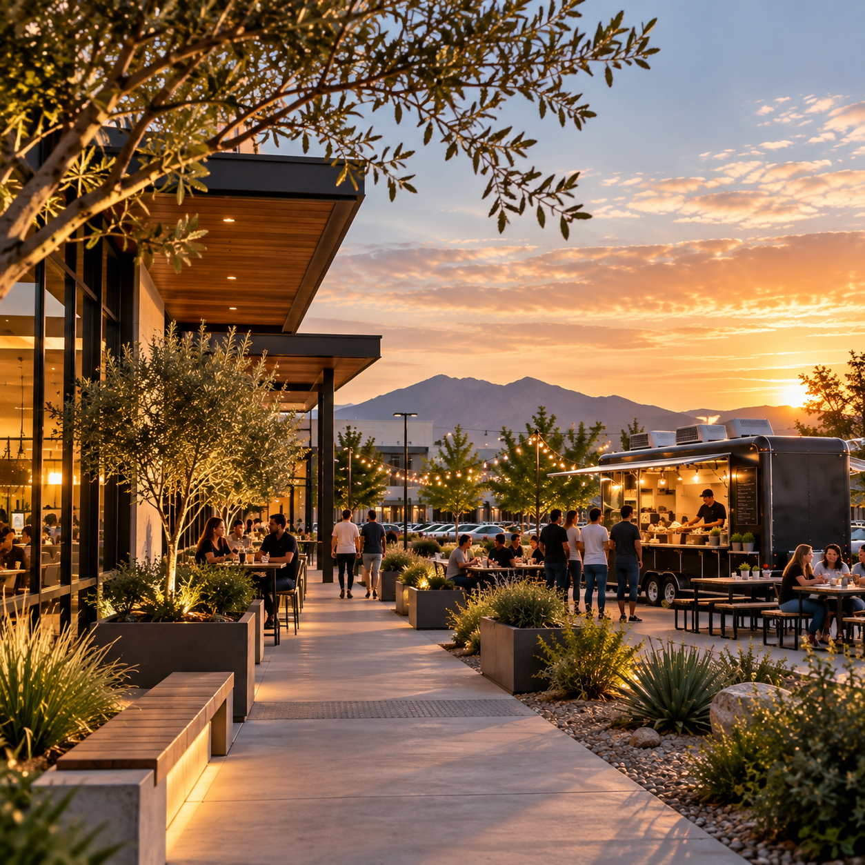 Food truck serving customers at a modern commercial retail property with outdoor dining and landscaped gathering spaces.