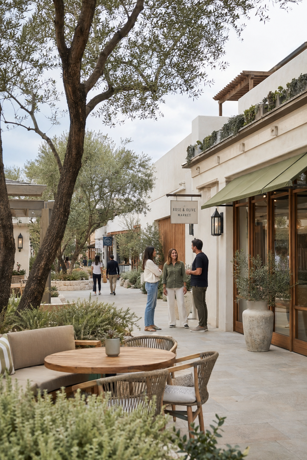 People walking and talking on a shopping street lined with trees, outdoor cafes, and modern storefronts.
