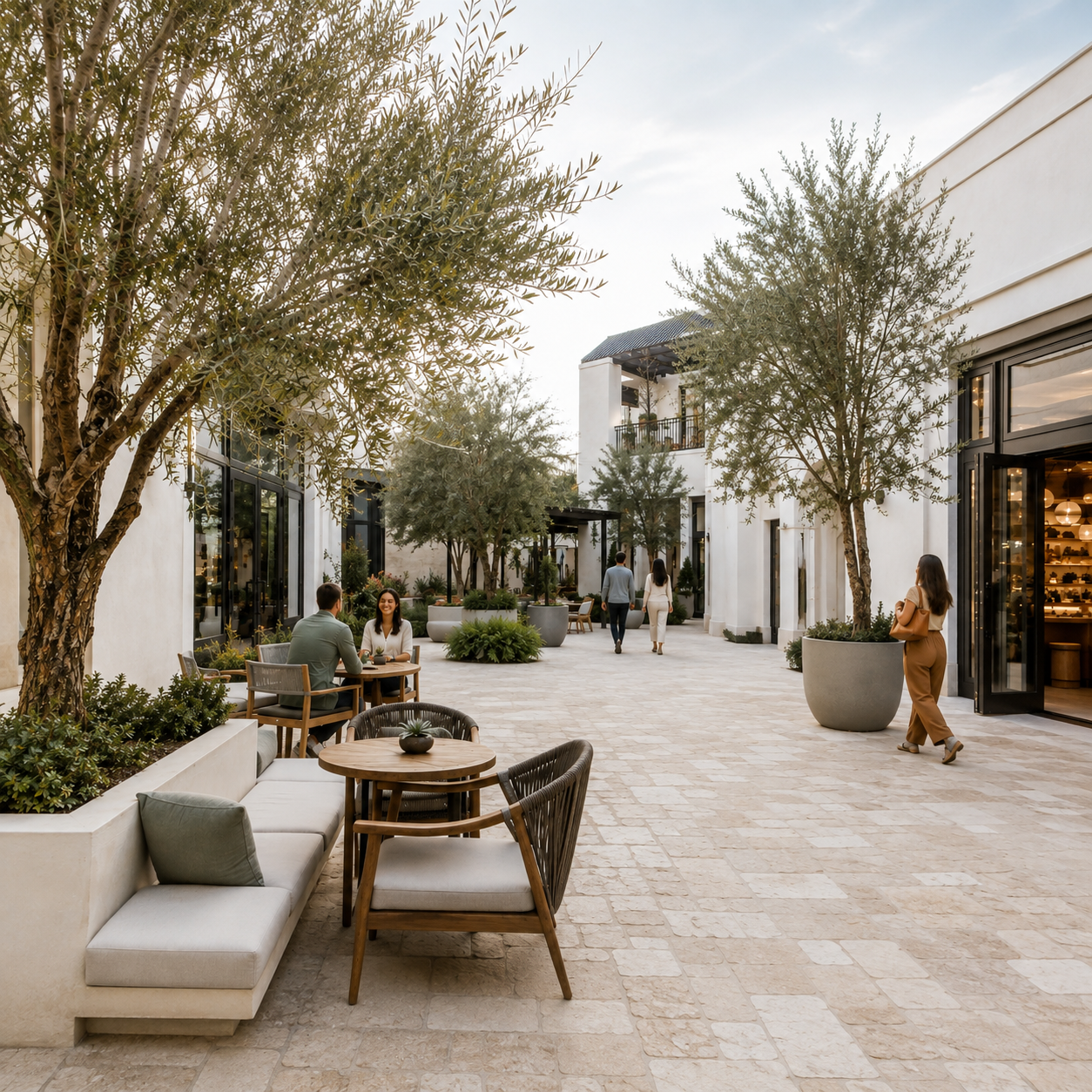 An outdoor shopping and dining area with trees, potted plants, and people walking and sitting at tables, surrounded by modern white buildings with large glass windows.