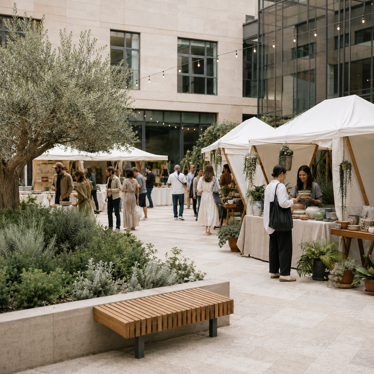 An outdoor market with white tents selling pottery and plants, surrounded by green plants and modern buildings, with people browsing and shopping.